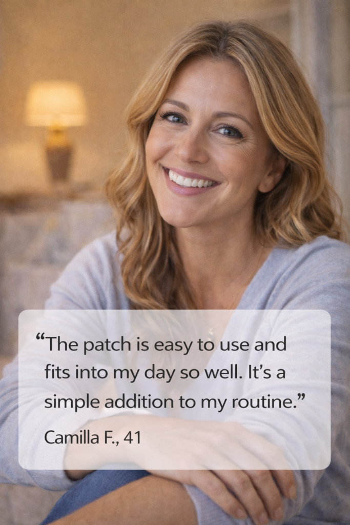 Smiling woman looking at camera sharing her experience with a simple daily patch routine