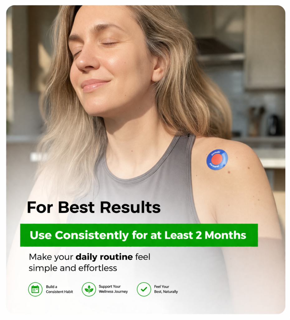 Woman wearing Purisaki berberine patch on shoulder as part of a simple daily wellness routine