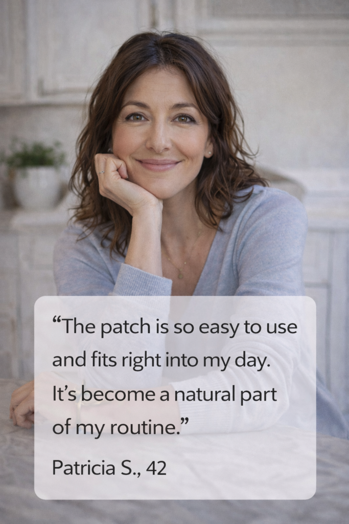 Smiling woman in kitchen sharing her experience with a simple daily patch routine