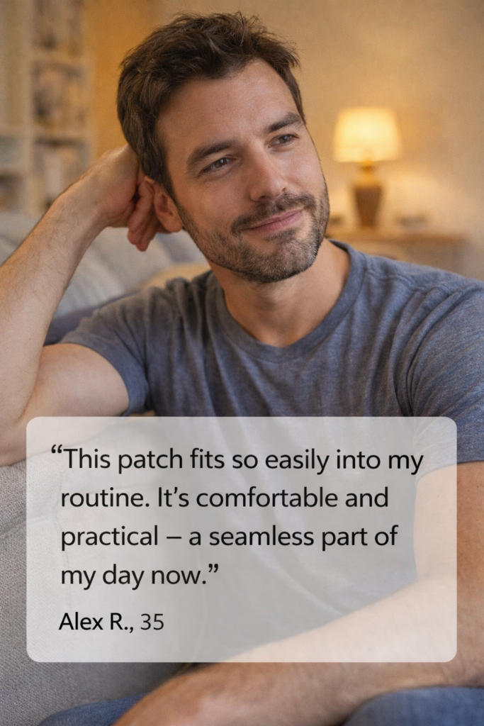 Man at home sharing his experience with a simple daily routine using a patch